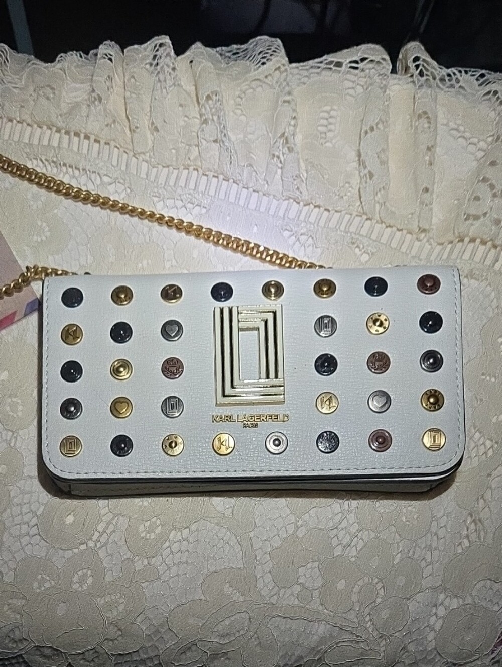 KARL LAGERFELD White Studded Chain Wallet Crossbody with Multicolor Studs